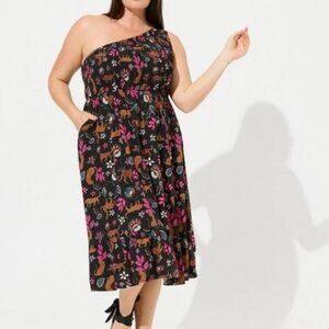 Torrid Midi Challis One-Shoulder Dress Leopard Floral Print Stretch Size 5X